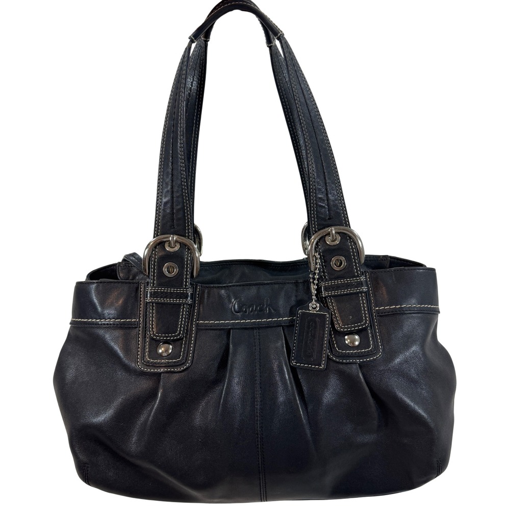 Vintage COACH Black Leather Soho Pleated Handbag Shoulder Work Purse F13732